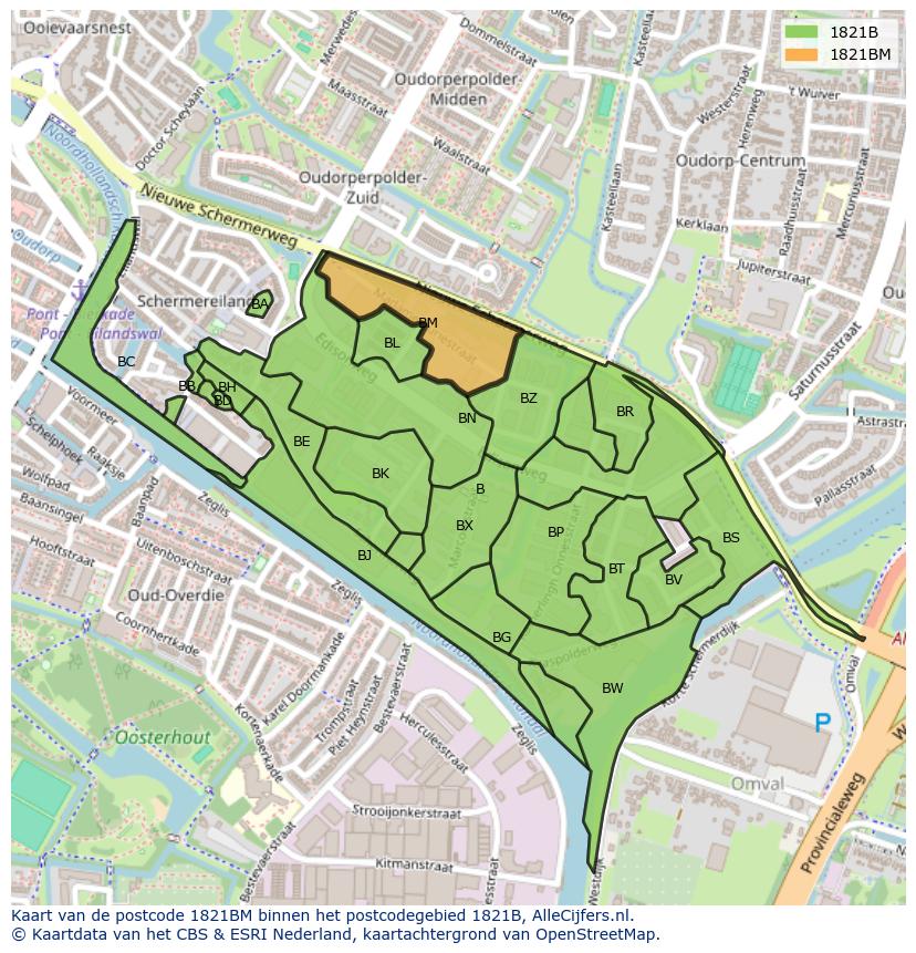 Afbeelding van het postcodegebied 1821 BM op de kaart.