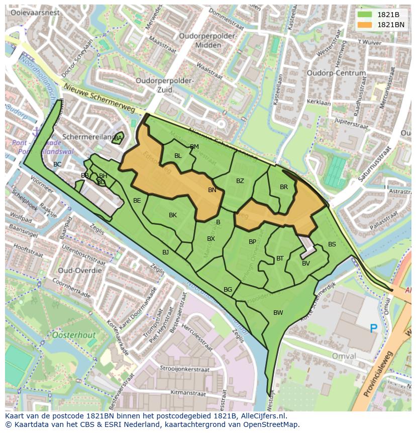 Afbeelding van het postcodegebied 1821 BN op de kaart.
