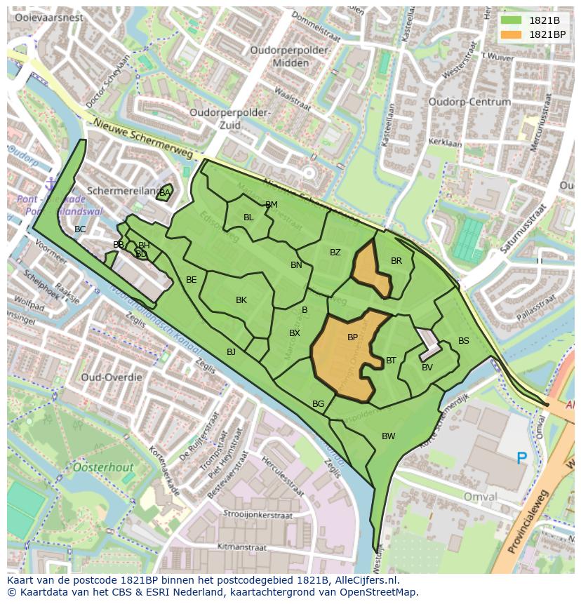 Afbeelding van het postcodegebied 1821 BP op de kaart.