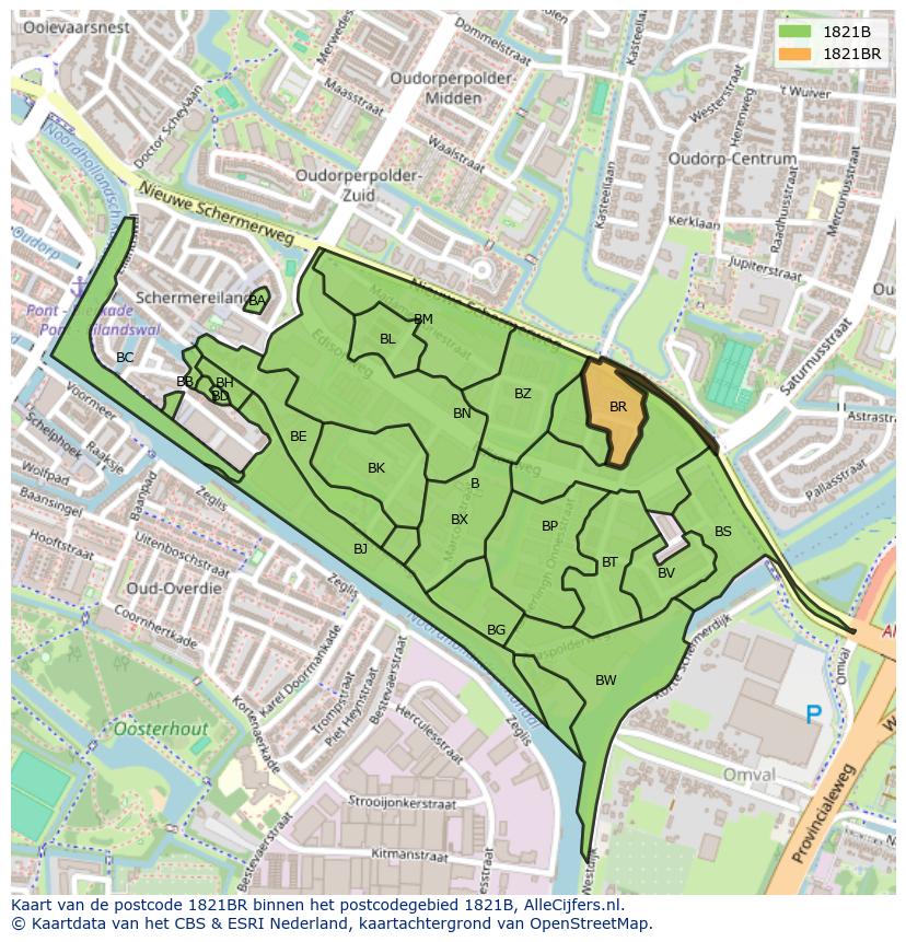 Afbeelding van het postcodegebied 1821 BR op de kaart.