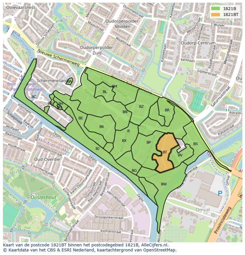 Afbeelding van het postcodegebied 1821 BT op de kaart.