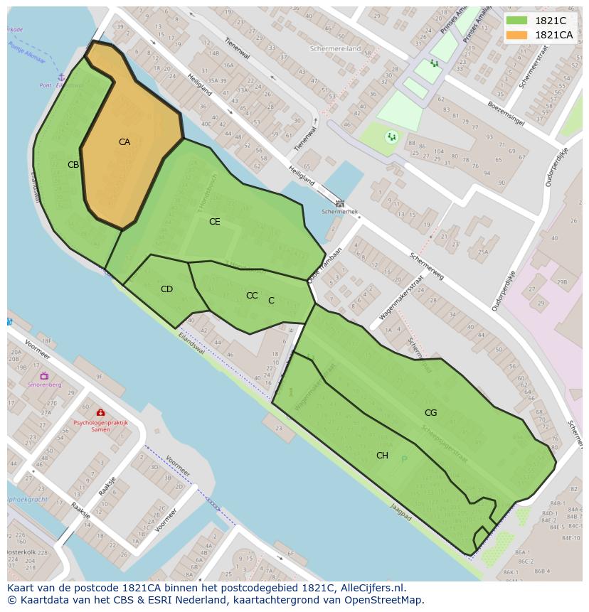 Afbeelding van het postcodegebied 1821 CA op de kaart.