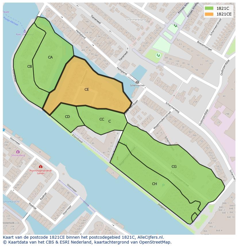 Afbeelding van het postcodegebied 1821 CE op de kaart.
