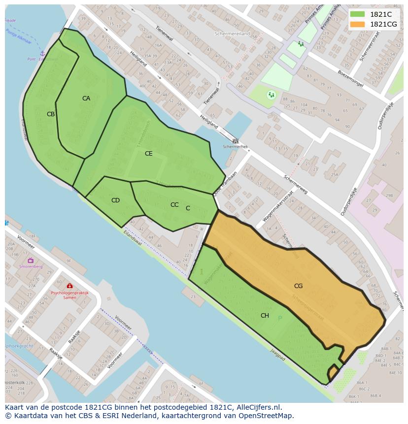 Afbeelding van het postcodegebied 1821 CG op de kaart.