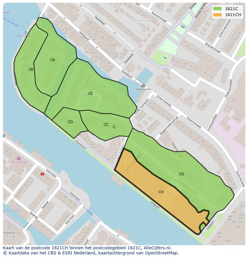 Afbeelding van het postcodegebied 1821 CH op de kaart.
