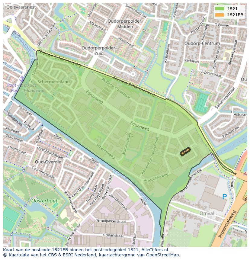 Afbeelding van het postcodegebied 1821 EB op de kaart.