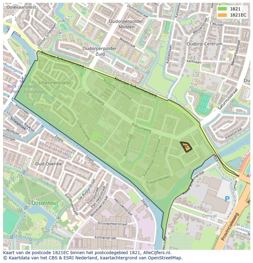 Afbeelding van het postcodegebied 1821 EC op de kaart.