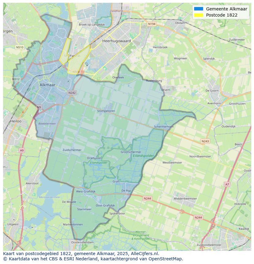Afbeelding van het postcodegebied 1822 op de kaart.