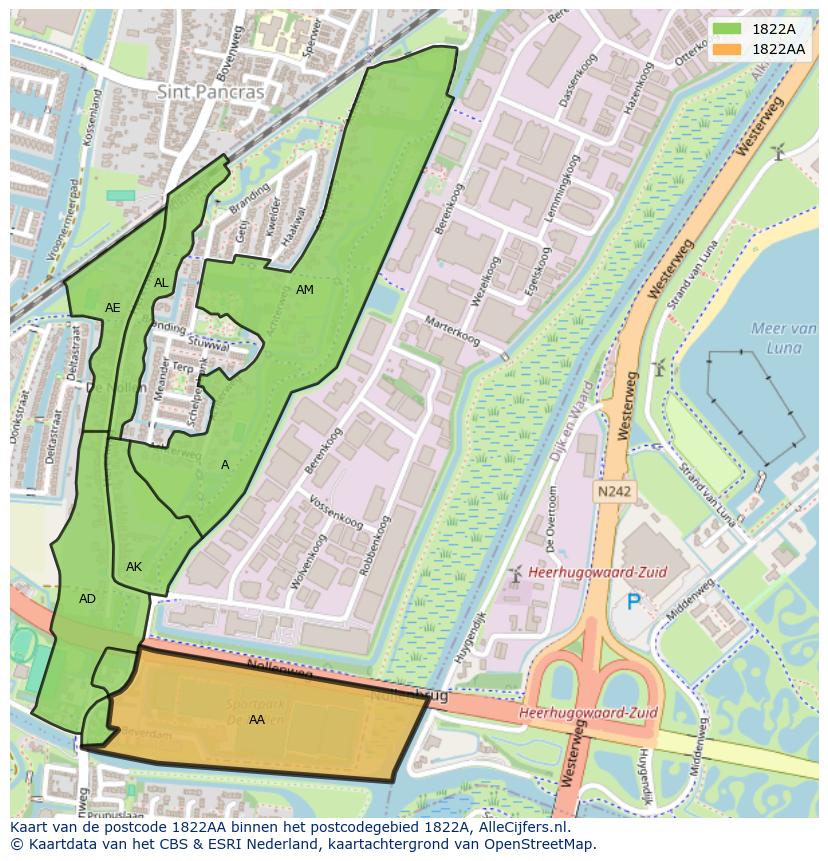 Afbeelding van het postcodegebied 1822 AA op de kaart.