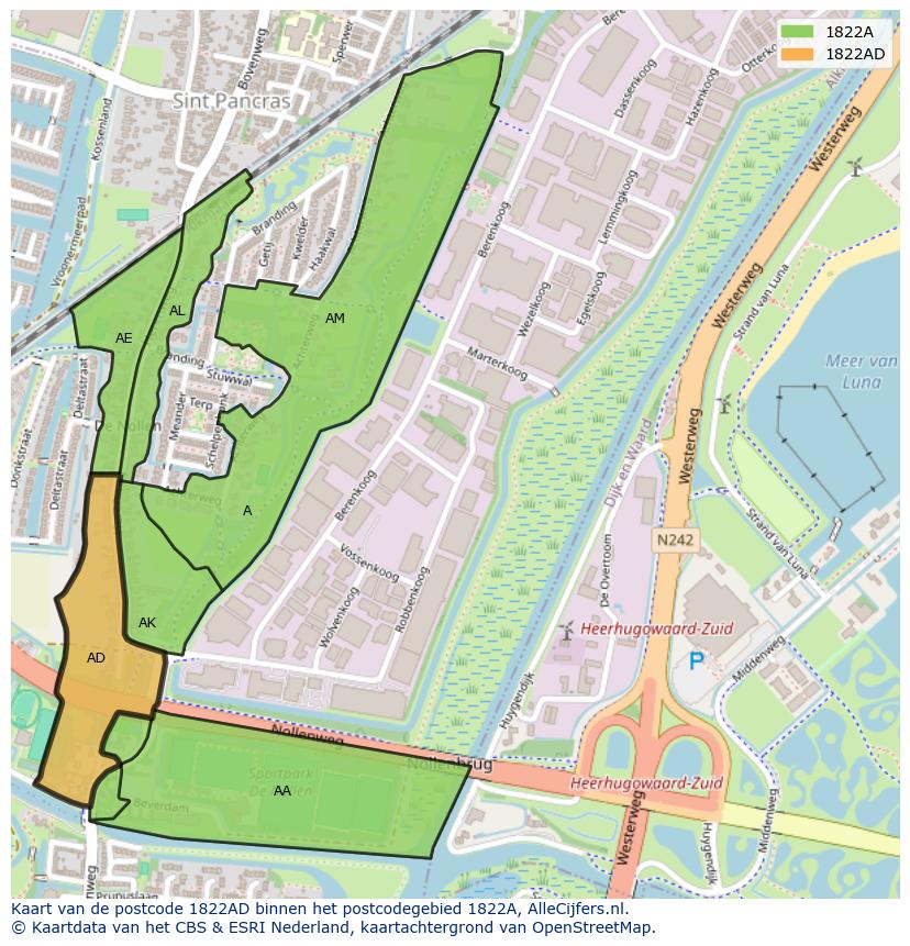 Afbeelding van het postcodegebied 1822 AD op de kaart.
