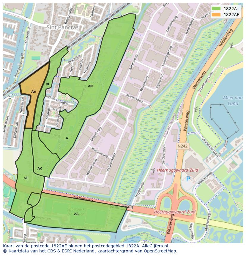 Afbeelding van het postcodegebied 1822 AE op de kaart.