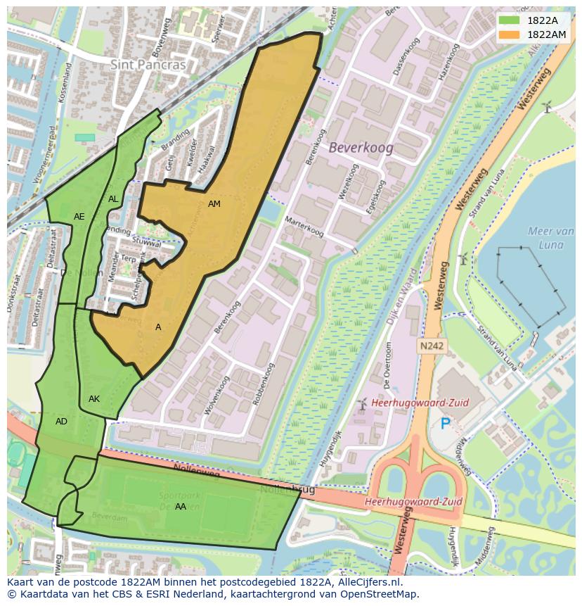Afbeelding van het postcodegebied 1822 AM op de kaart.