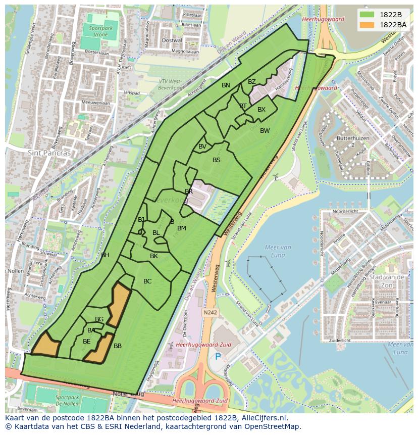 Afbeelding van het postcodegebied 1822 BA op de kaart.