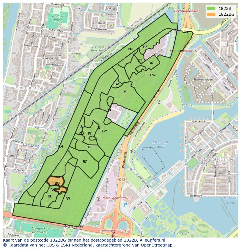 Afbeelding van het postcodegebied 1822 BG op de kaart.