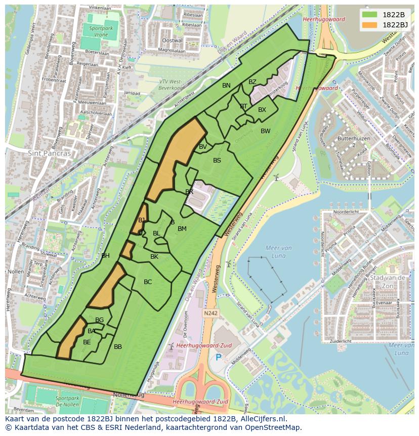 Afbeelding van het postcodegebied 1822 BJ op de kaart.