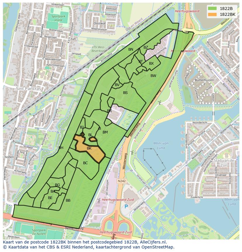 Afbeelding van het postcodegebied 1822 BK op de kaart.