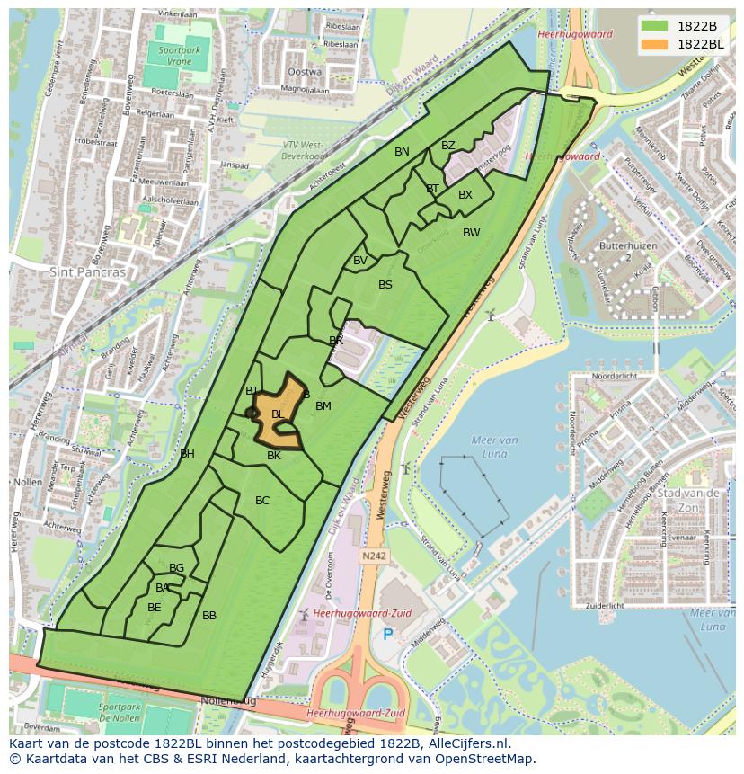 Afbeelding van het postcodegebied 1822 BL op de kaart.