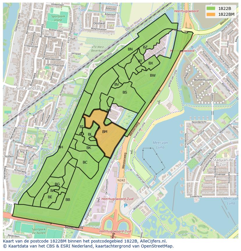 Afbeelding van het postcodegebied 1822 BM op de kaart.