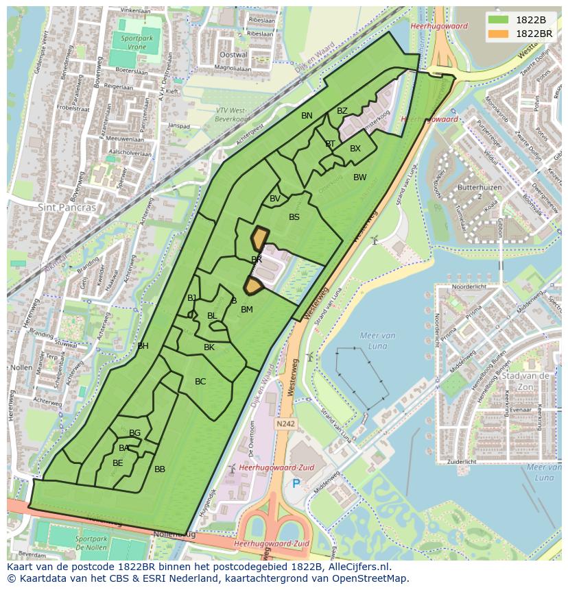 Afbeelding van het postcodegebied 1822 BR op de kaart.
