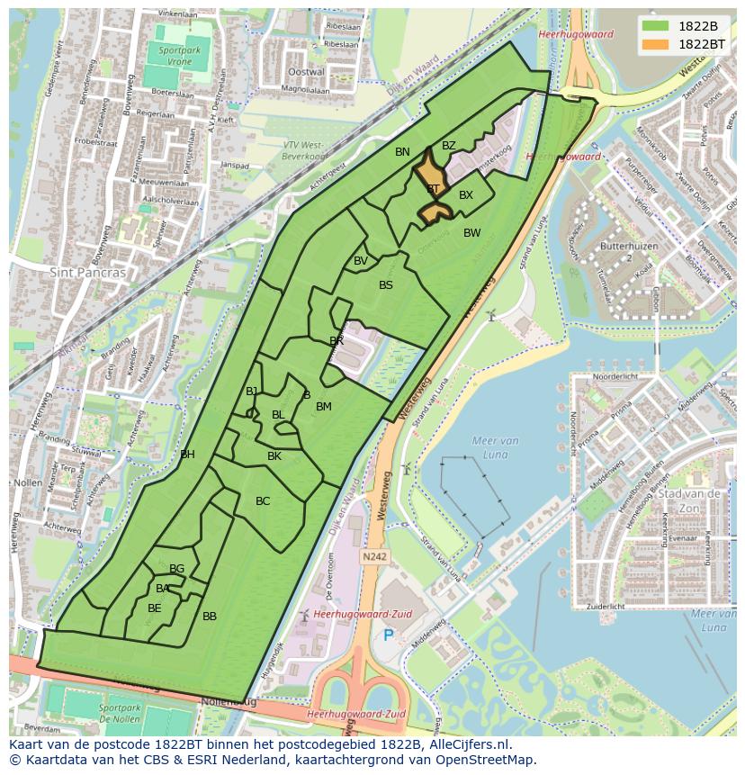 Afbeelding van het postcodegebied 1822 BT op de kaart.