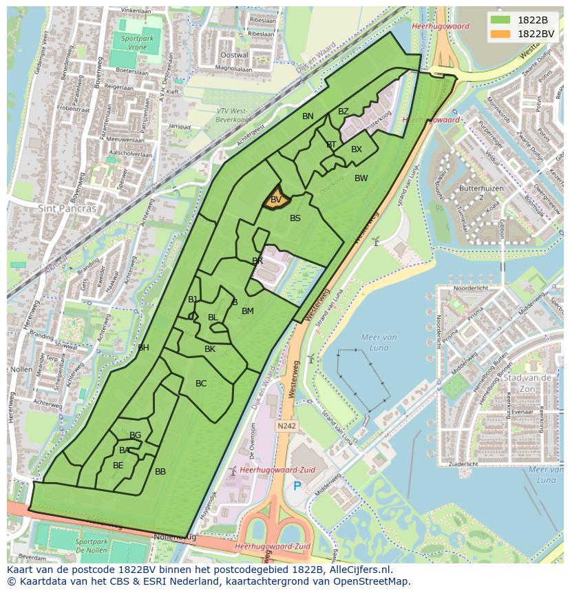 Afbeelding van het postcodegebied 1822 BV op de kaart.