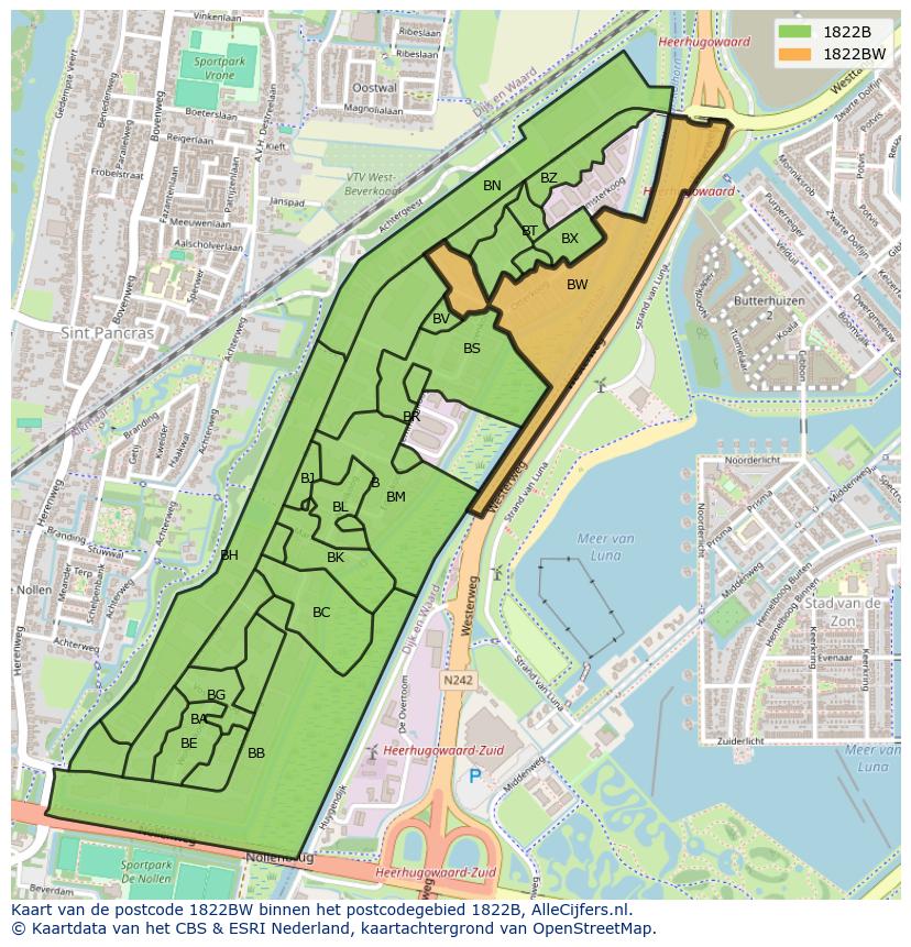 Afbeelding van het postcodegebied 1822 BW op de kaart.