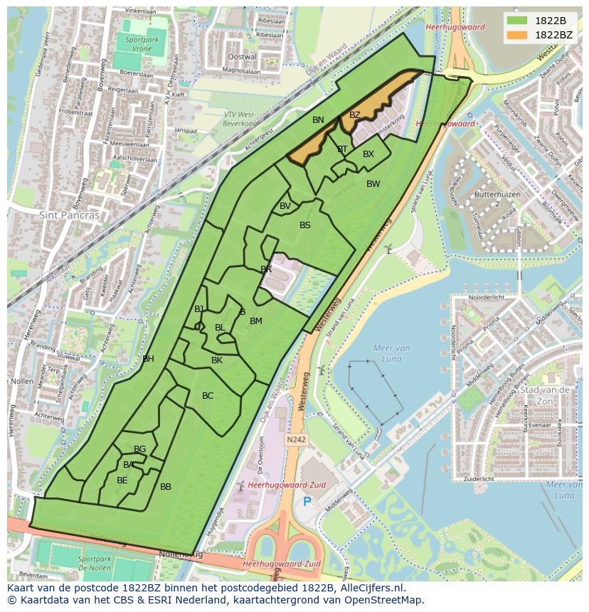 Afbeelding van het postcodegebied 1822 BZ op de kaart.