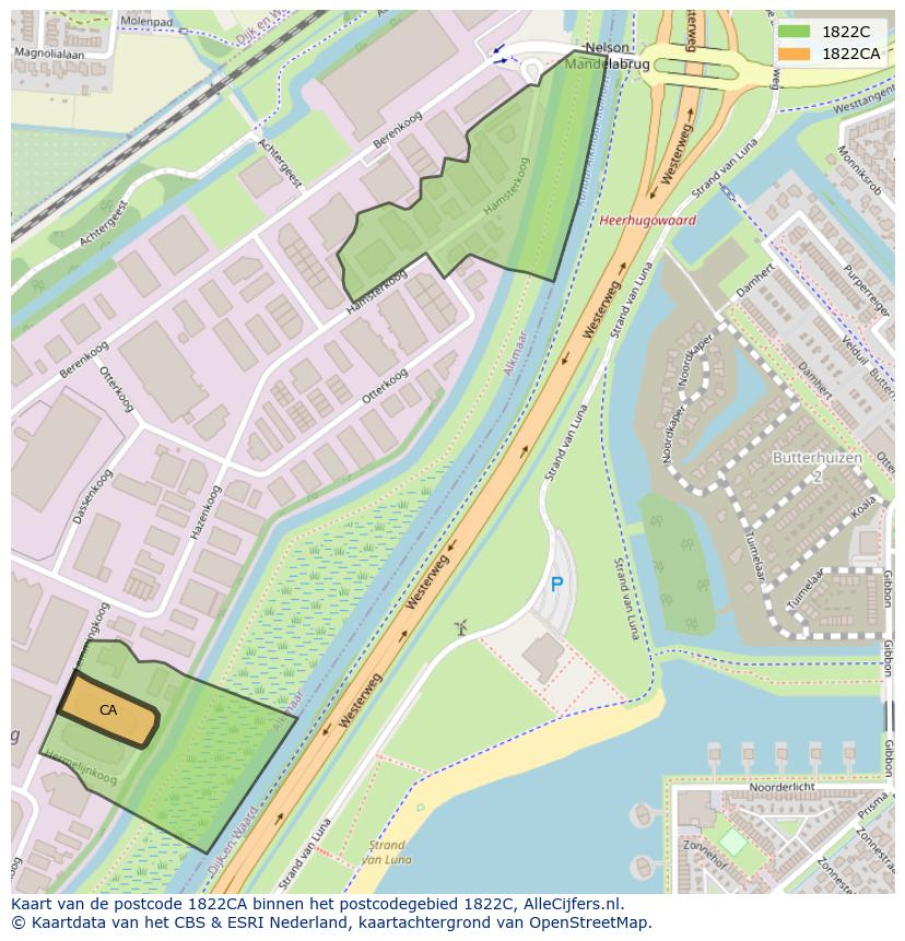 Afbeelding van het postcodegebied 1822 CA op de kaart.