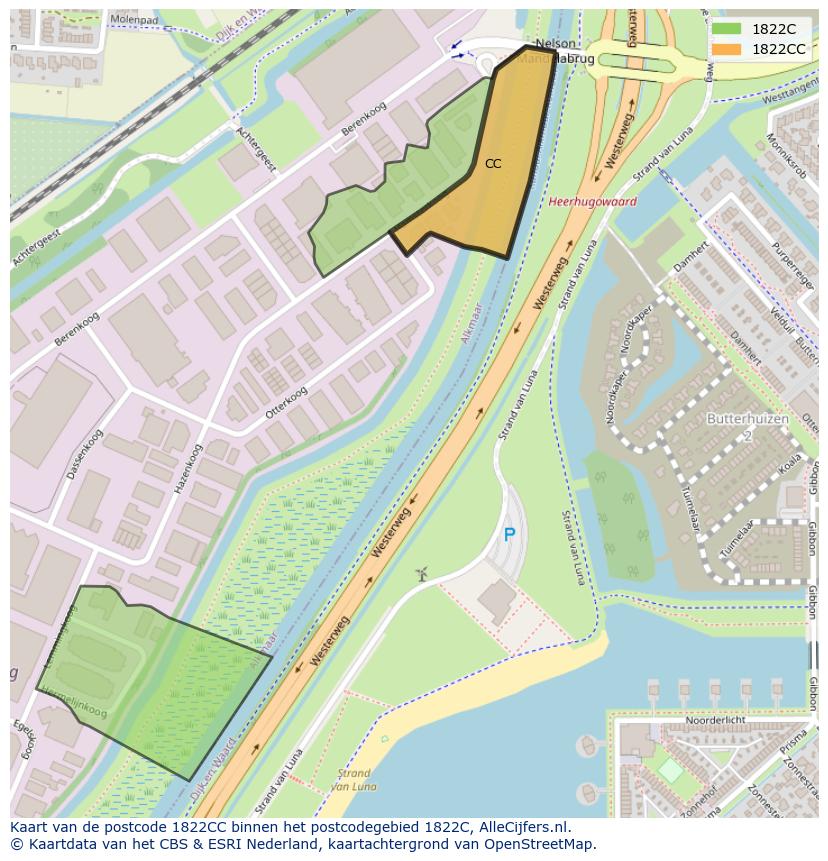 Afbeelding van het postcodegebied 1822 CC op de kaart.