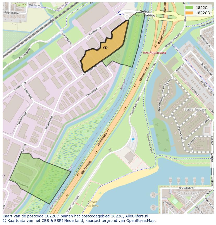 Afbeelding van het postcodegebied 1822 CD op de kaart.