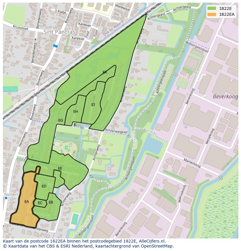 Afbeelding van het postcodegebied 1822 EA op de kaart.