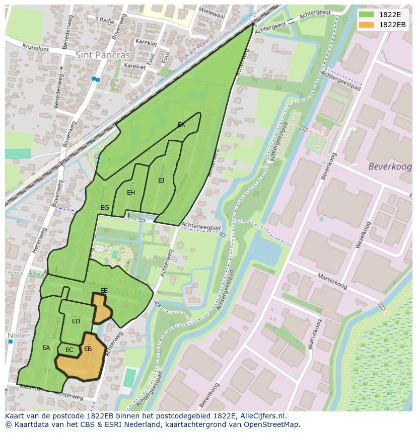 Afbeelding van het postcodegebied 1822 EB op de kaart.