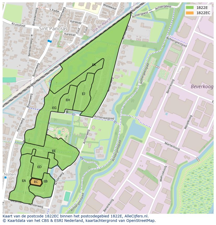 Afbeelding van het postcodegebied 1822 EC op de kaart.