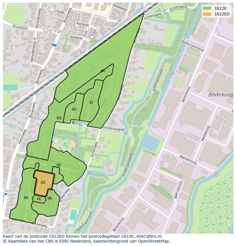 Afbeelding van het postcodegebied 1822 ED op de kaart.