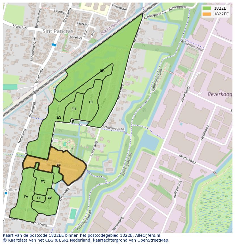 Afbeelding van het postcodegebied 1822 EE op de kaart.