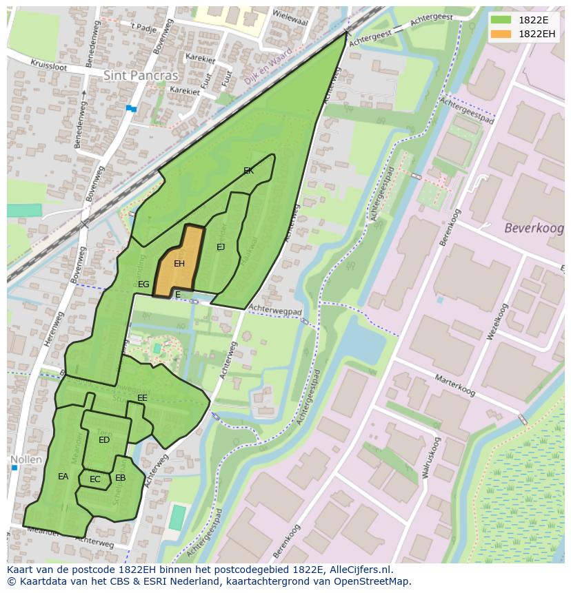 Afbeelding van het postcodegebied 1822 EH op de kaart.