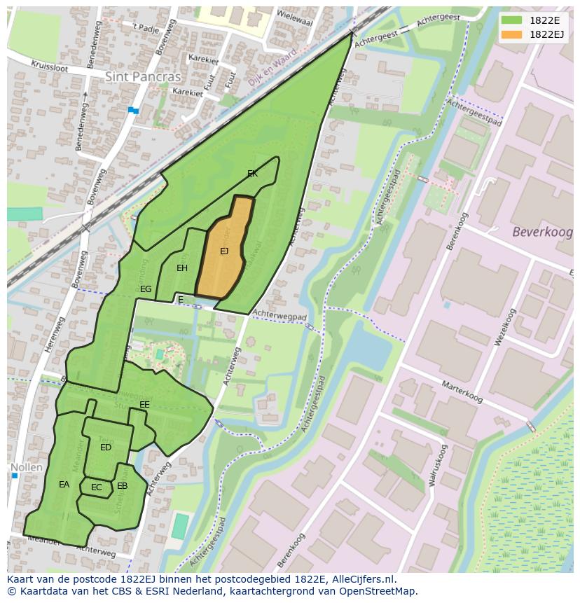 Afbeelding van het postcodegebied 1822 EJ op de kaart.
