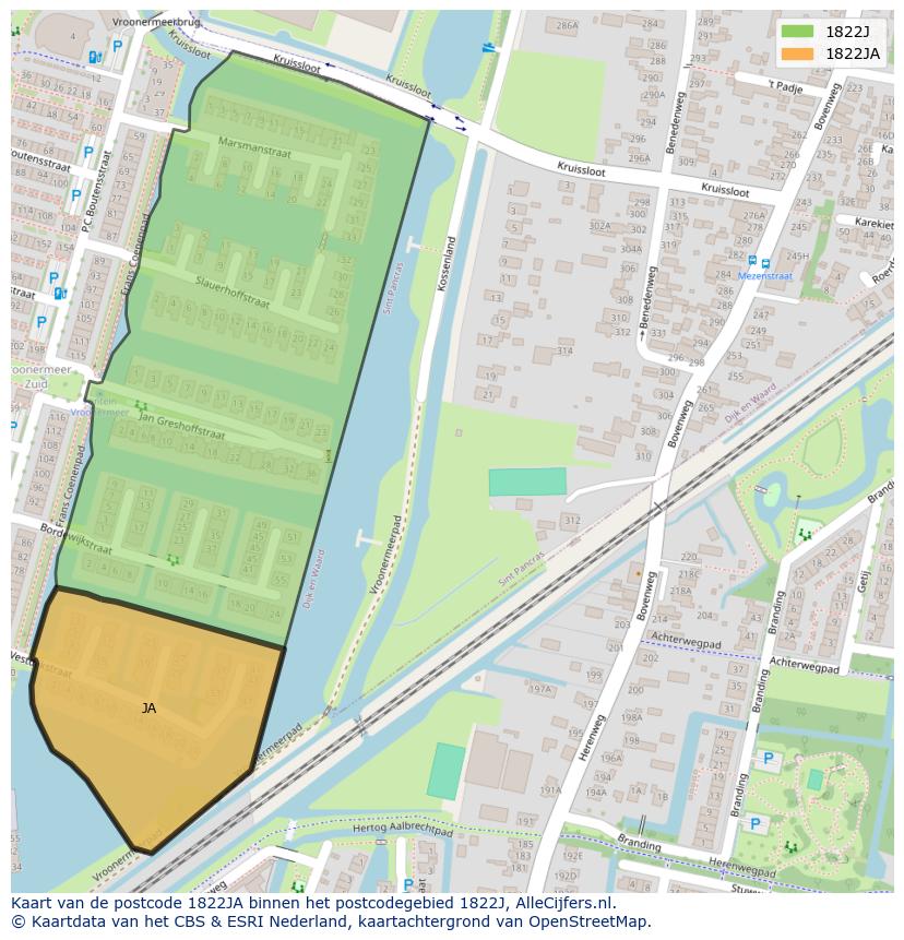 Afbeelding van het postcodegebied 1822 JA op de kaart.