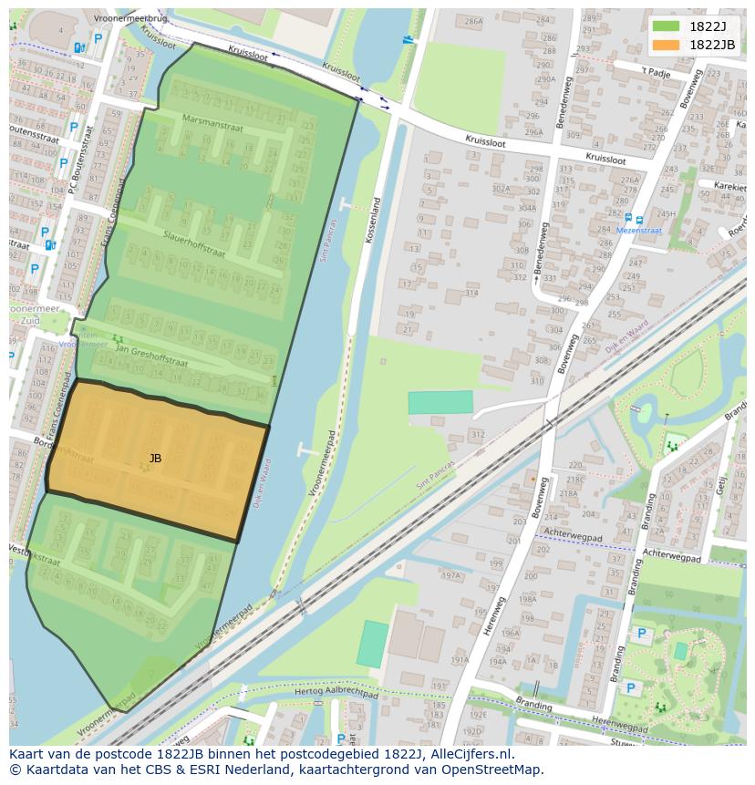 Afbeelding van het postcodegebied 1822 JB op de kaart.