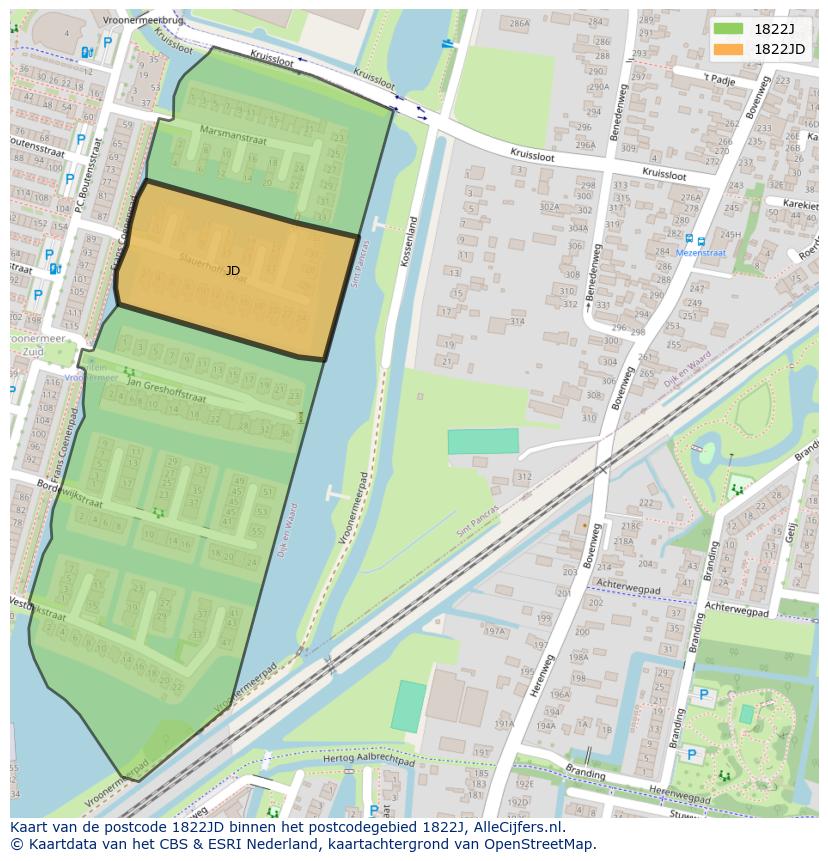 Afbeelding van het postcodegebied 1822 JD op de kaart.