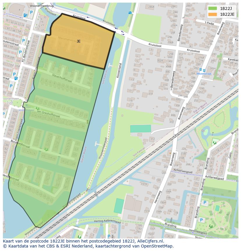 Afbeelding van het postcodegebied 1822 JE op de kaart.
