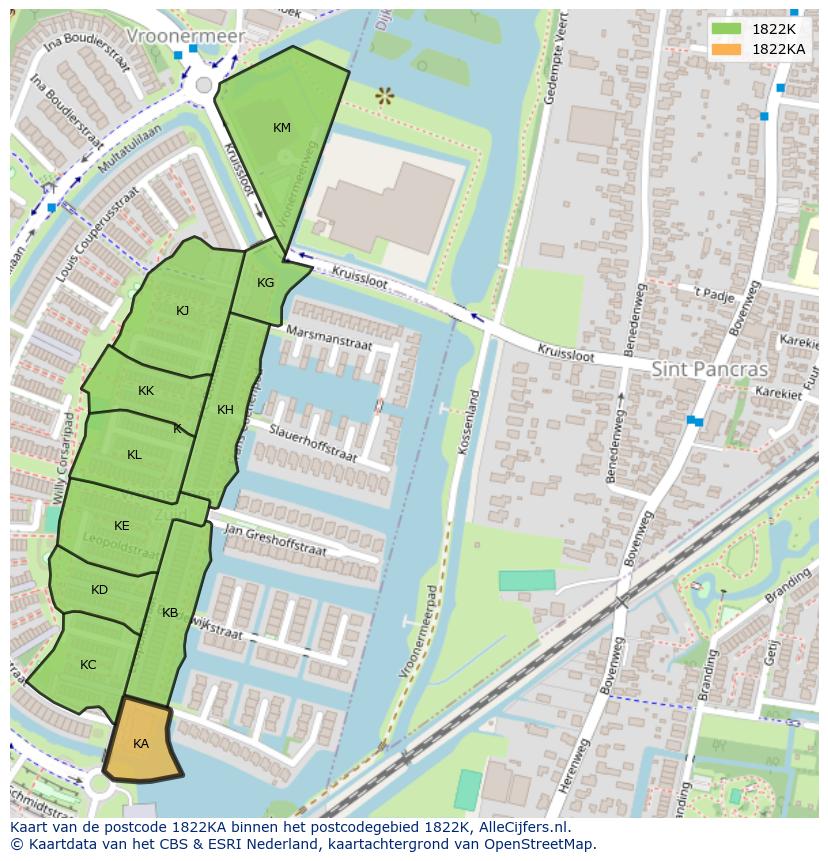 Afbeelding van het postcodegebied 1822 KA op de kaart.