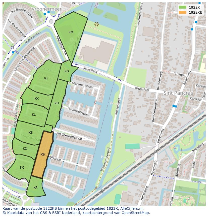Afbeelding van het postcodegebied 1822 KB op de kaart.