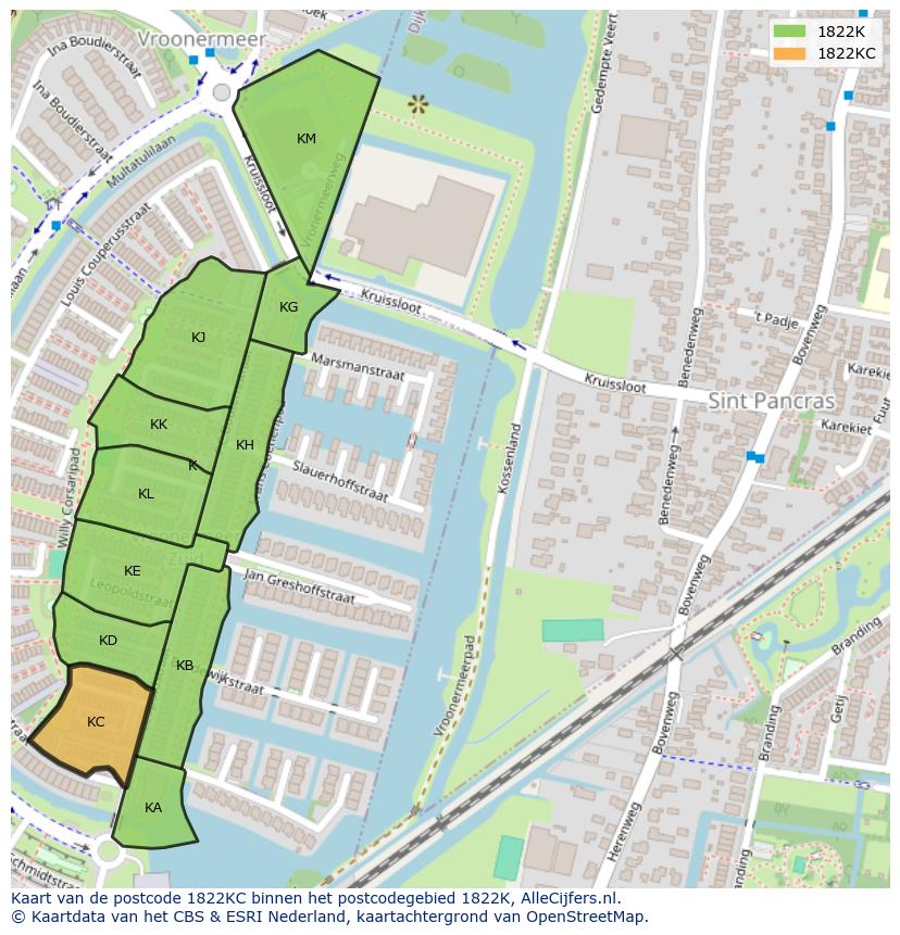 Afbeelding van het postcodegebied 1822 KC op de kaart.
