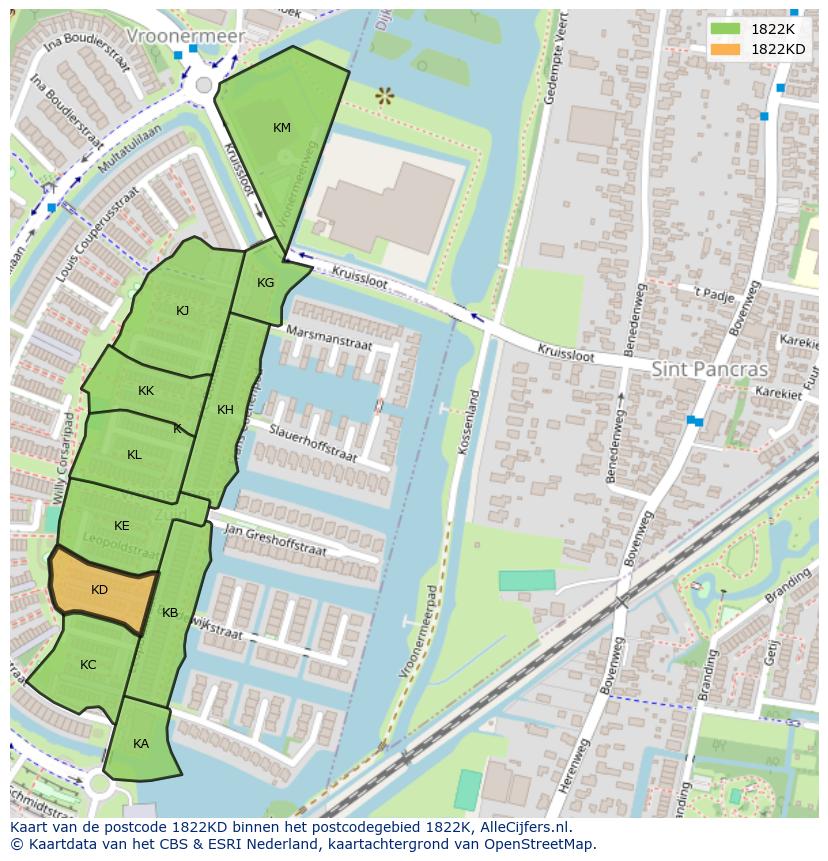 Afbeelding van het postcodegebied 1822 KD op de kaart.