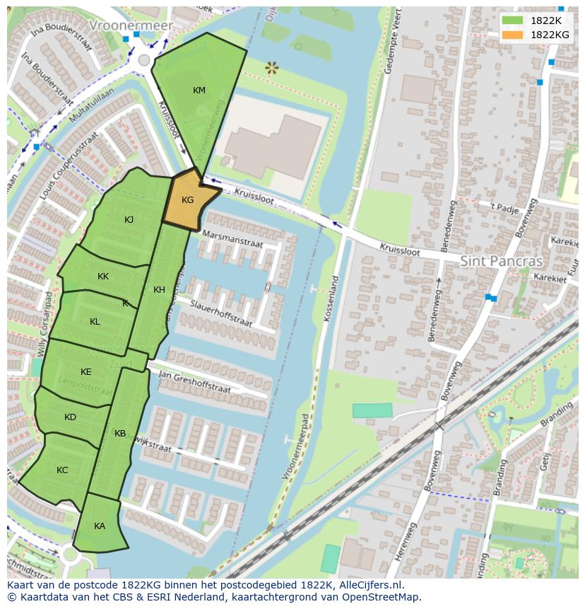 Afbeelding van het postcodegebied 1822 KG op de kaart.