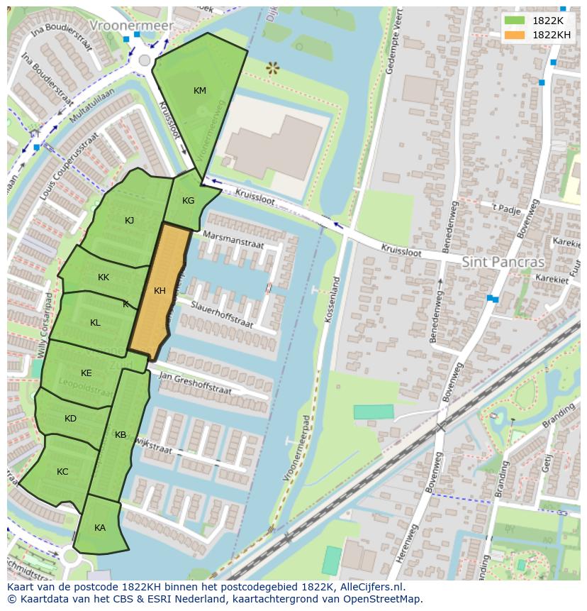 Afbeelding van het postcodegebied 1822 KH op de kaart.