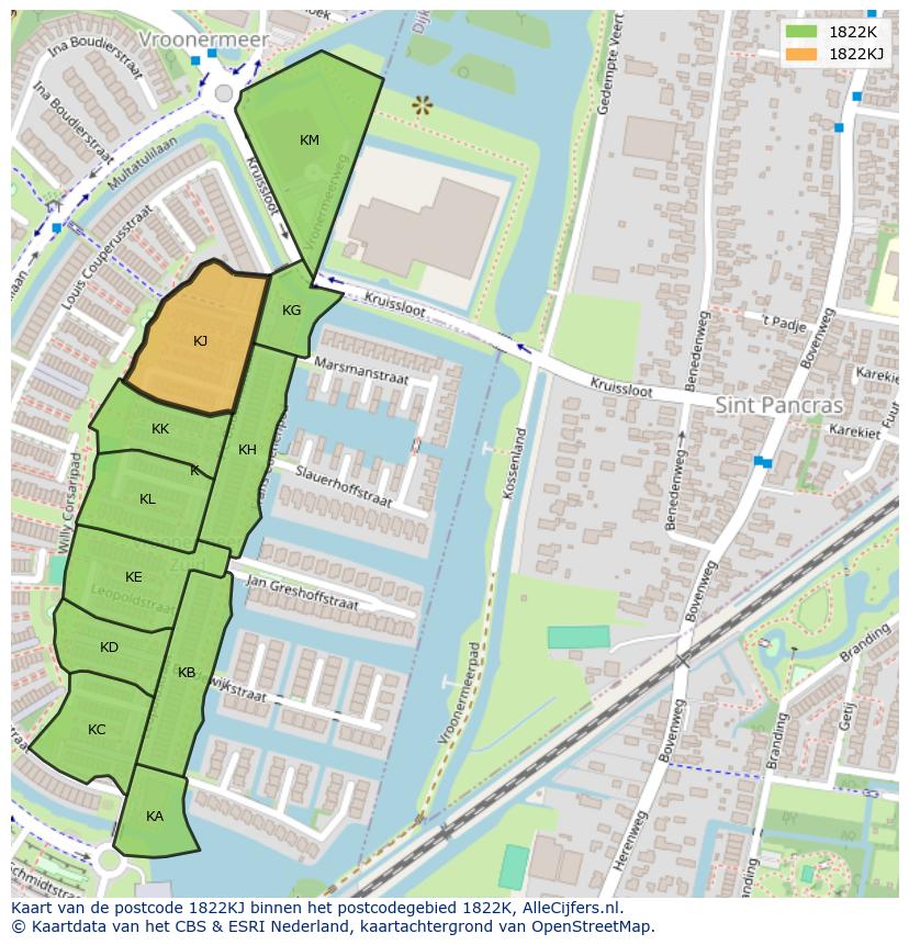 Afbeelding van het postcodegebied 1822 KJ op de kaart.