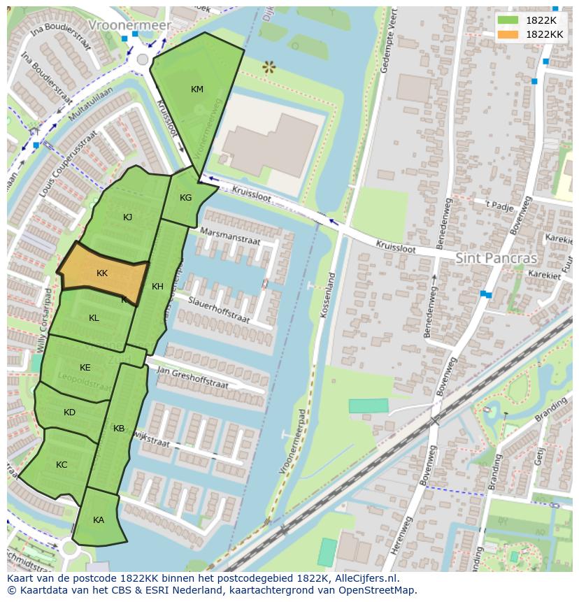 Afbeelding van het postcodegebied 1822 KK op de kaart.