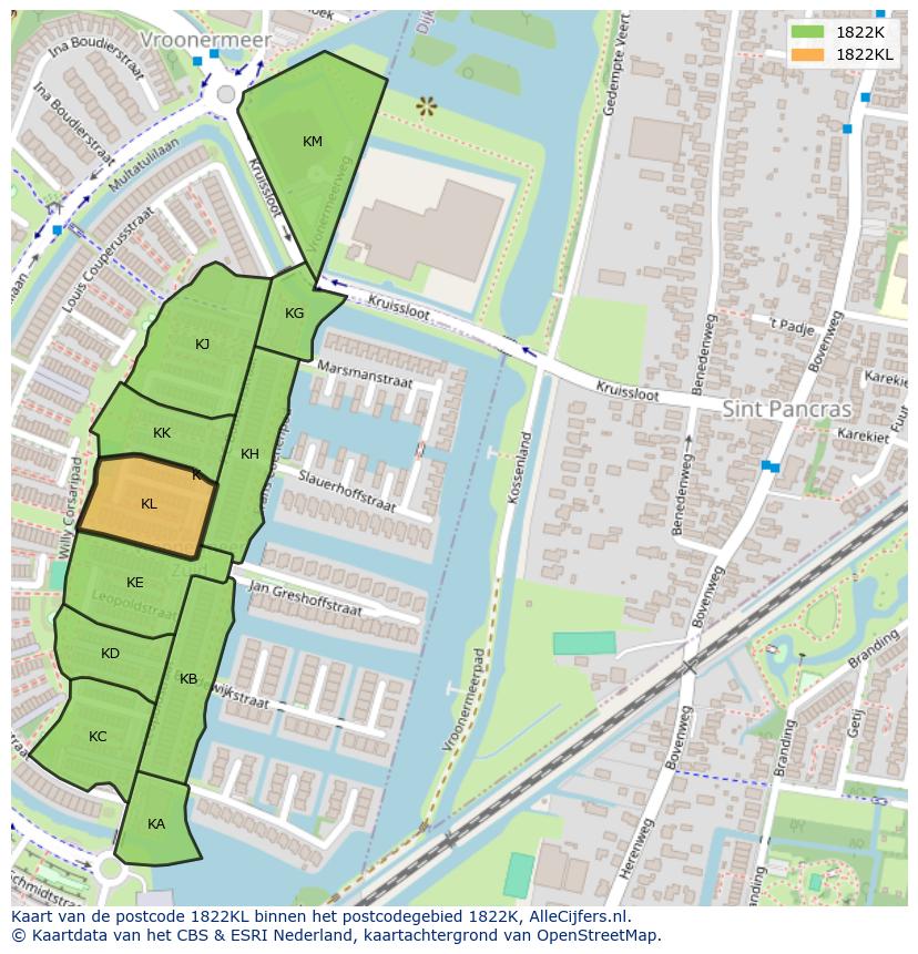 Afbeelding van het postcodegebied 1822 KL op de kaart.